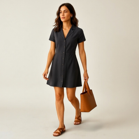 Everlane GoWeave Notch Collar Black Short Sleeve Button Down Mini Dress Sz 6 NWT - Picture 1 of 13